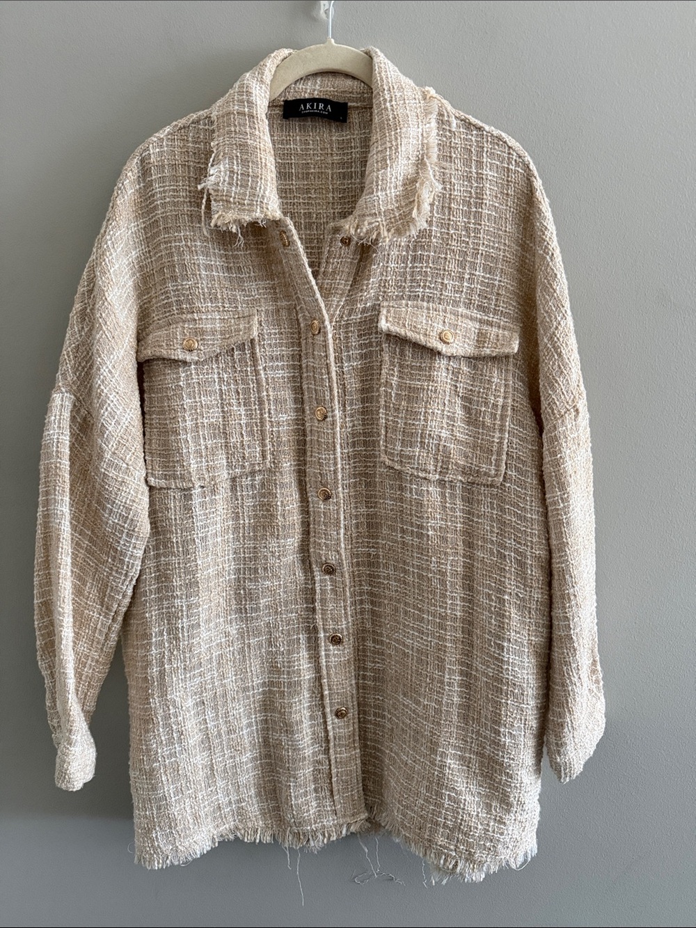 AKIRA Neutral Cream Tweed Shacket with Frayed Hem